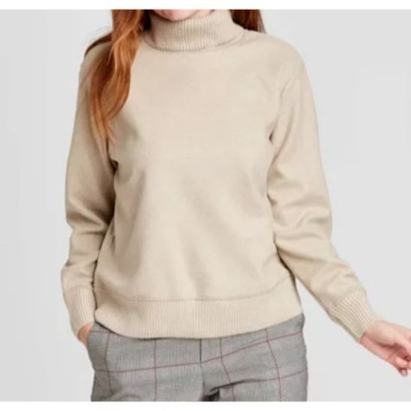 A New Day XS Tan Long Sleeve Turtleneck Sweatshirt Sweater Trim Shirt top - Picture 2 of 12